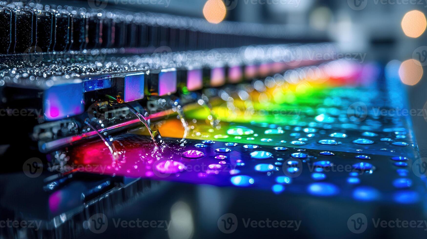 Precision plotter printing heads depositing ink across glossy color chart offset machine press fountain key color offset machine press fountain key color photo