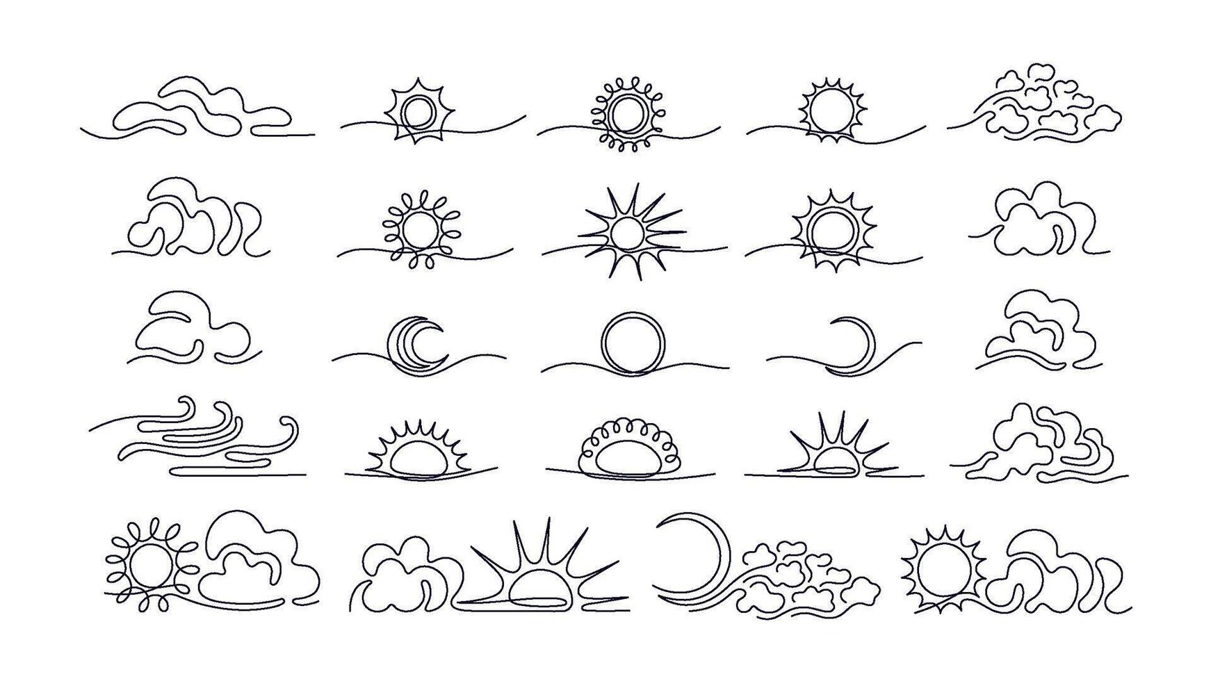 Linear sun, moon, cloud sign. Cloudy weather, sky vector