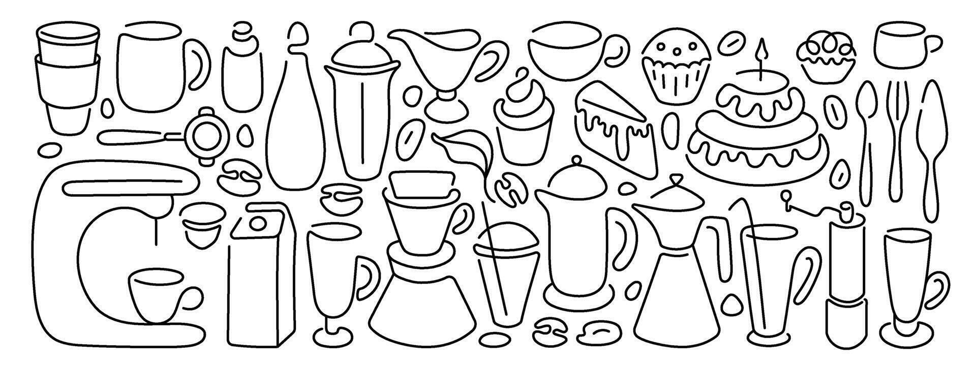 Coffee line, tea set Cup, bakery dessert, bar sign vector