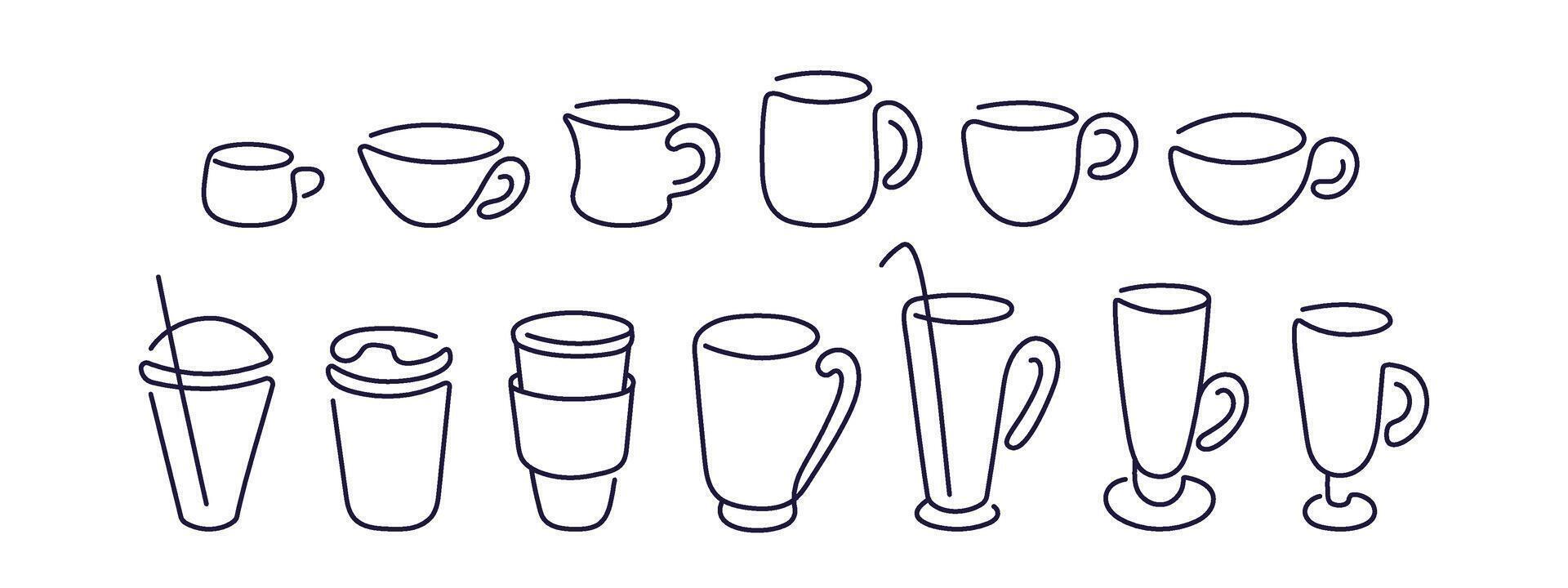 Different art line cups. Coffee and tea collection vector