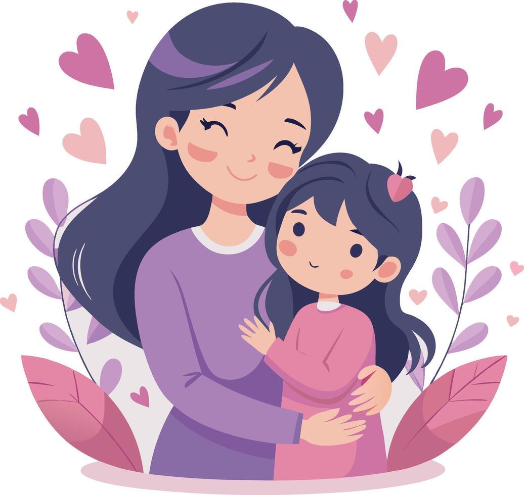 Cute Mother and Child Embrace with Floral Elements Perfect for Mother's Day and Parenting Themes vector