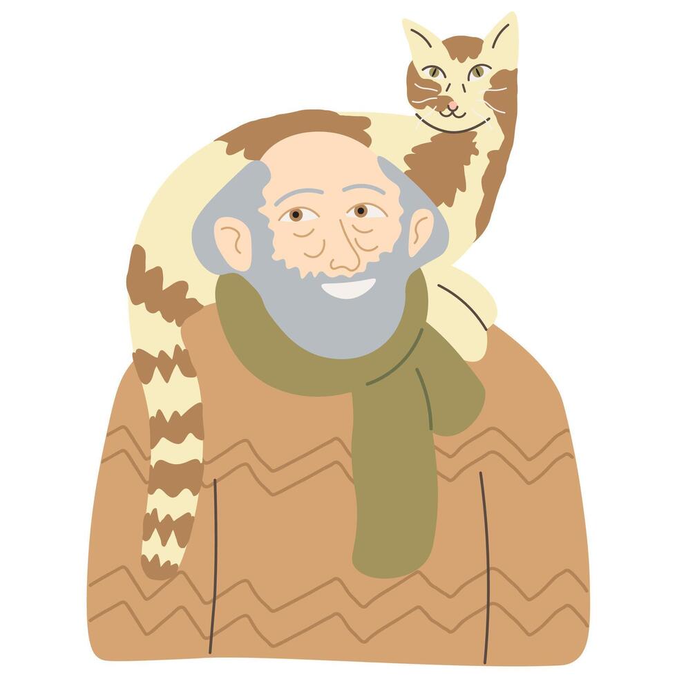 old man with cat on shoulder in color vector