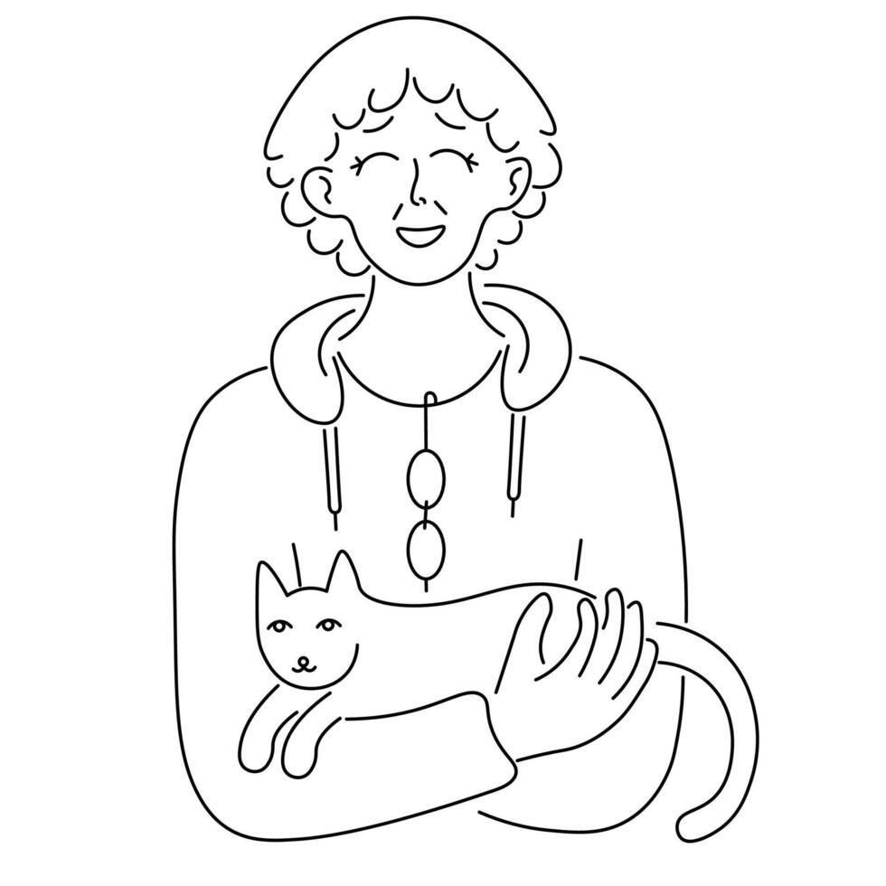 old woman with cat in doodle style vector