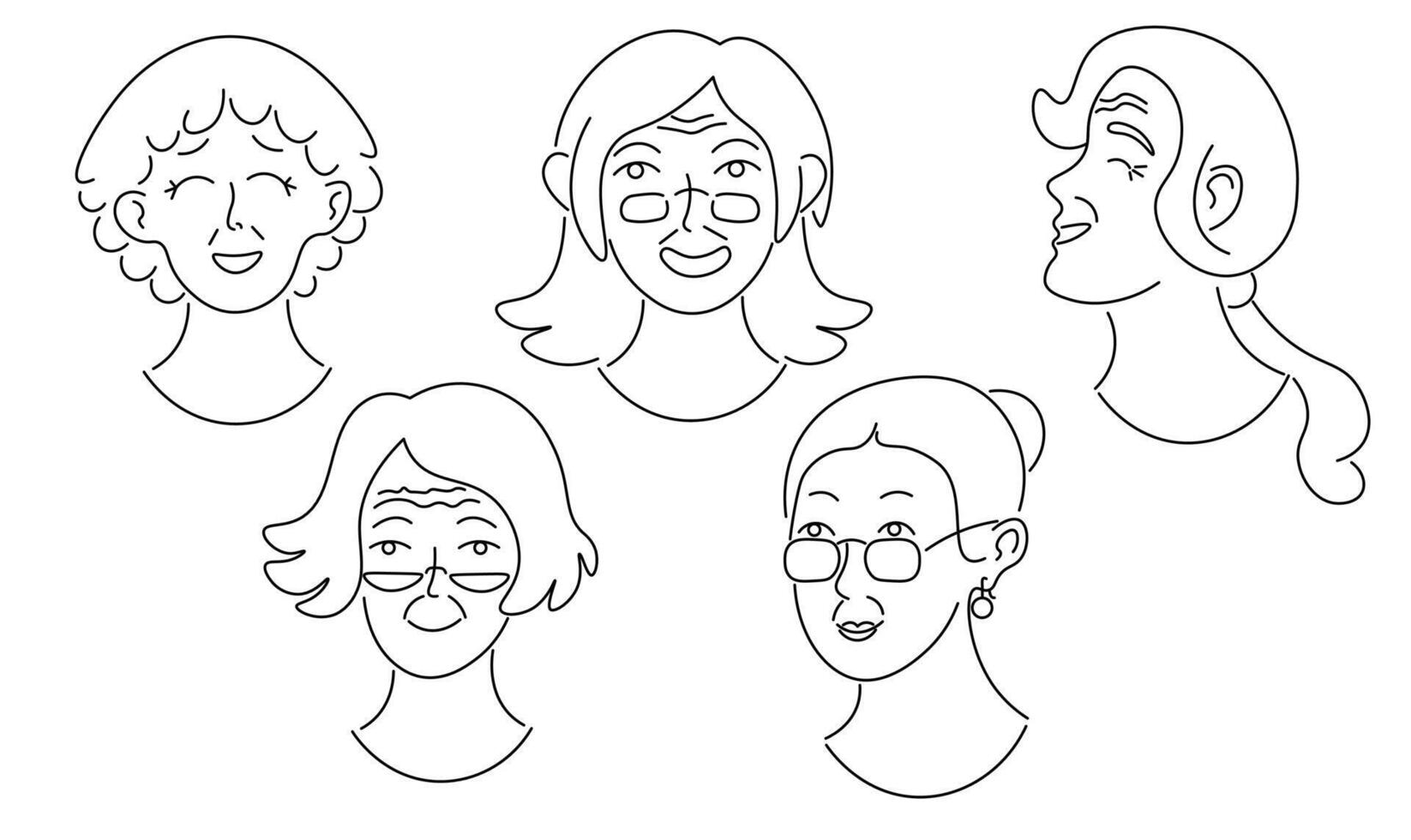 old woman portraits set in line doodle style vector