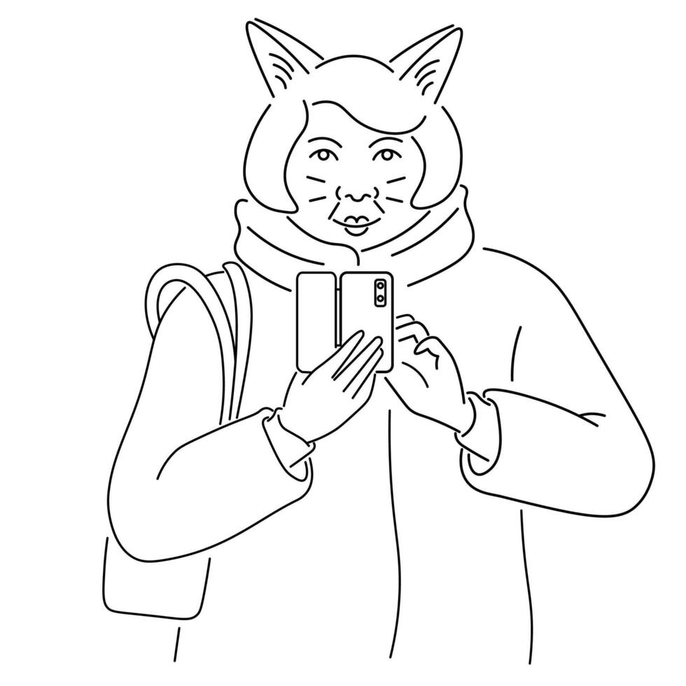 old cat woman make a selfie in doodle style vector