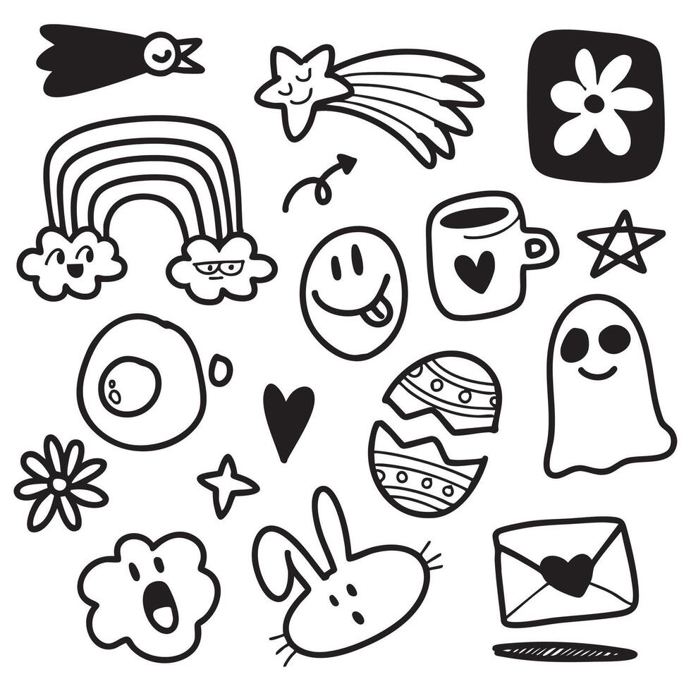 Doodle art featuring whimsical elements like stars, rainbows, and cute characters, evoking playful and cheerful vibe. Perfect for creative projects and fun designs vector