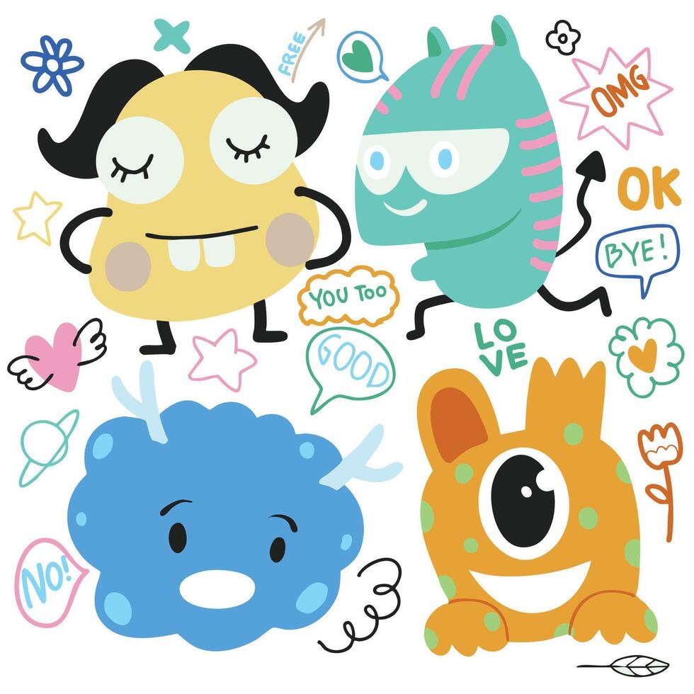 Cute and colorful cartoon monsters with playful expressions and fun phrases. Ideal for children art, stickers, or playful designs vector