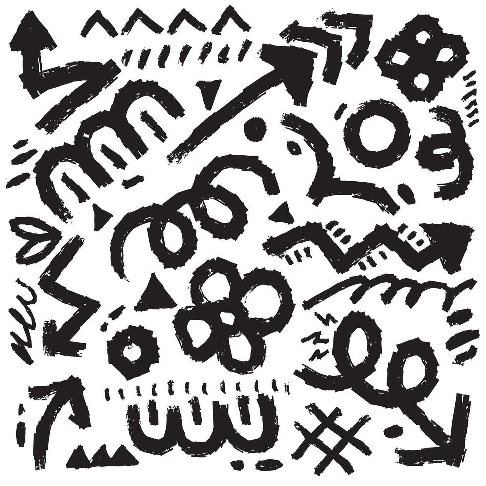 Abstract black and white doodle pattern featuring various shapes, lines, and floral elements, creating dynamic and artistic composition vector