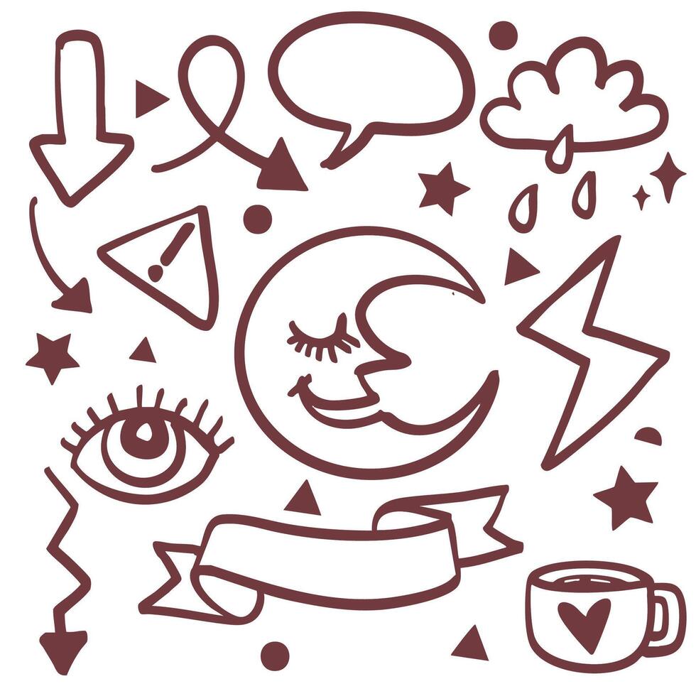 Doodle art featuring whimsical symbols like moon, eye, stars, and arrows, creating playful and creative atmosphere. Perfect for design projects or artistic inspiration vector