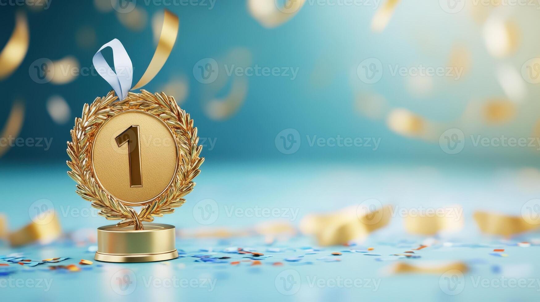 gold medal with number one for 1st place laurel stadium on festive background sport design with confetti, wreath trophy photo