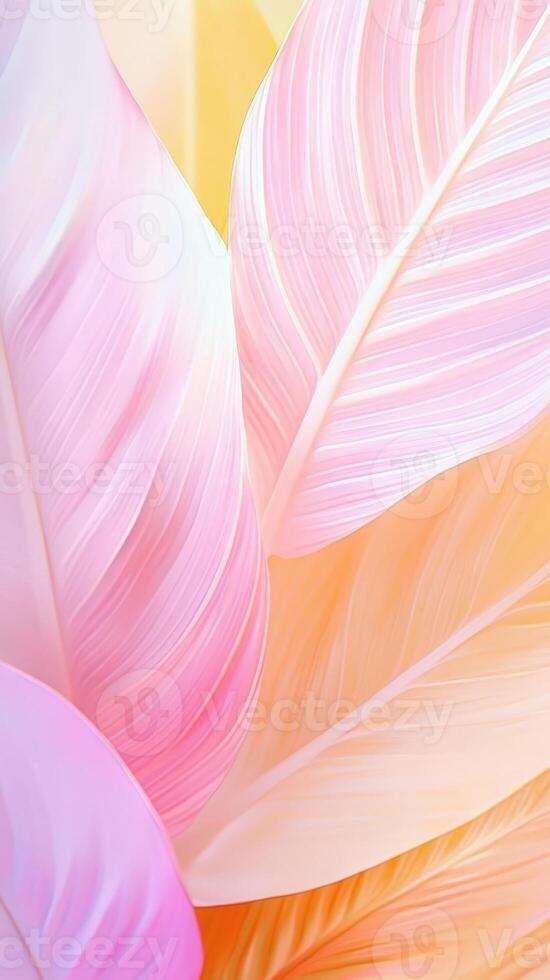 Close up of overlapping and and orange tropical leaves forming pink vibrant a textured natural pattern background photo