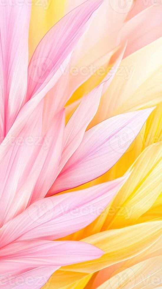 Close up of overlapping and pink orange tropical leaves forming a vibrant and textured natural pattern background photo