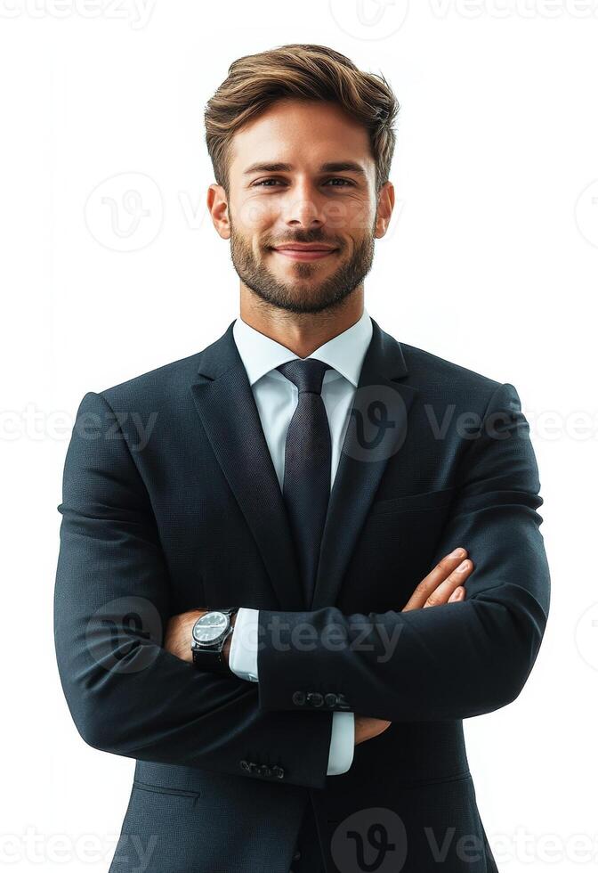 Confident businessman smiling with arms crossed, conveying professionalism and success photo