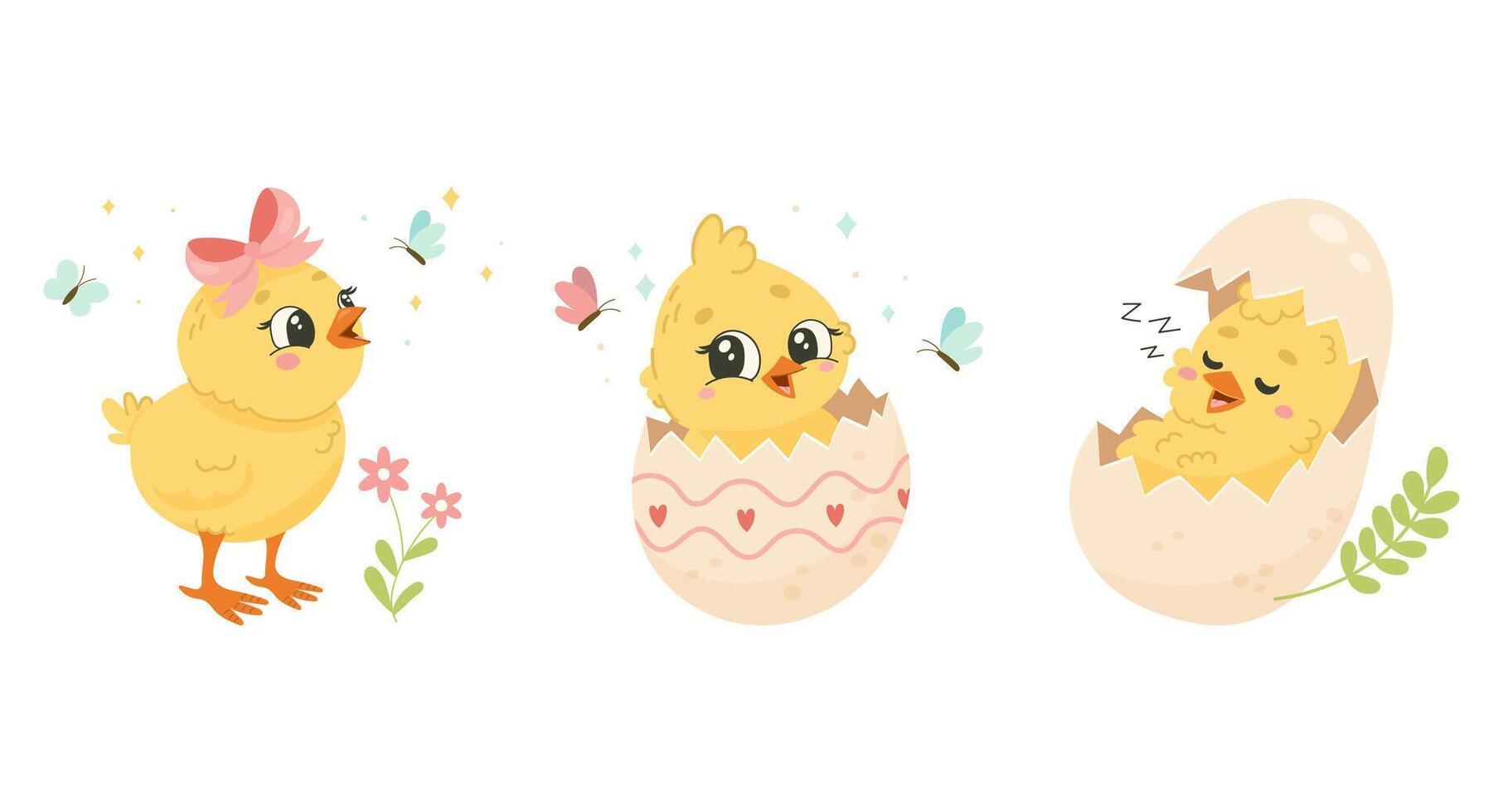 Adorable Easter Chicks, Baby Birds in Eggs with Spring Butterflies vector