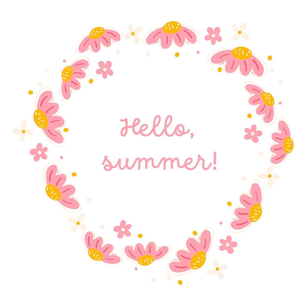 Pink Daisy Summer Wreath Hello Summer Floral Frame for Cards and Prints vector