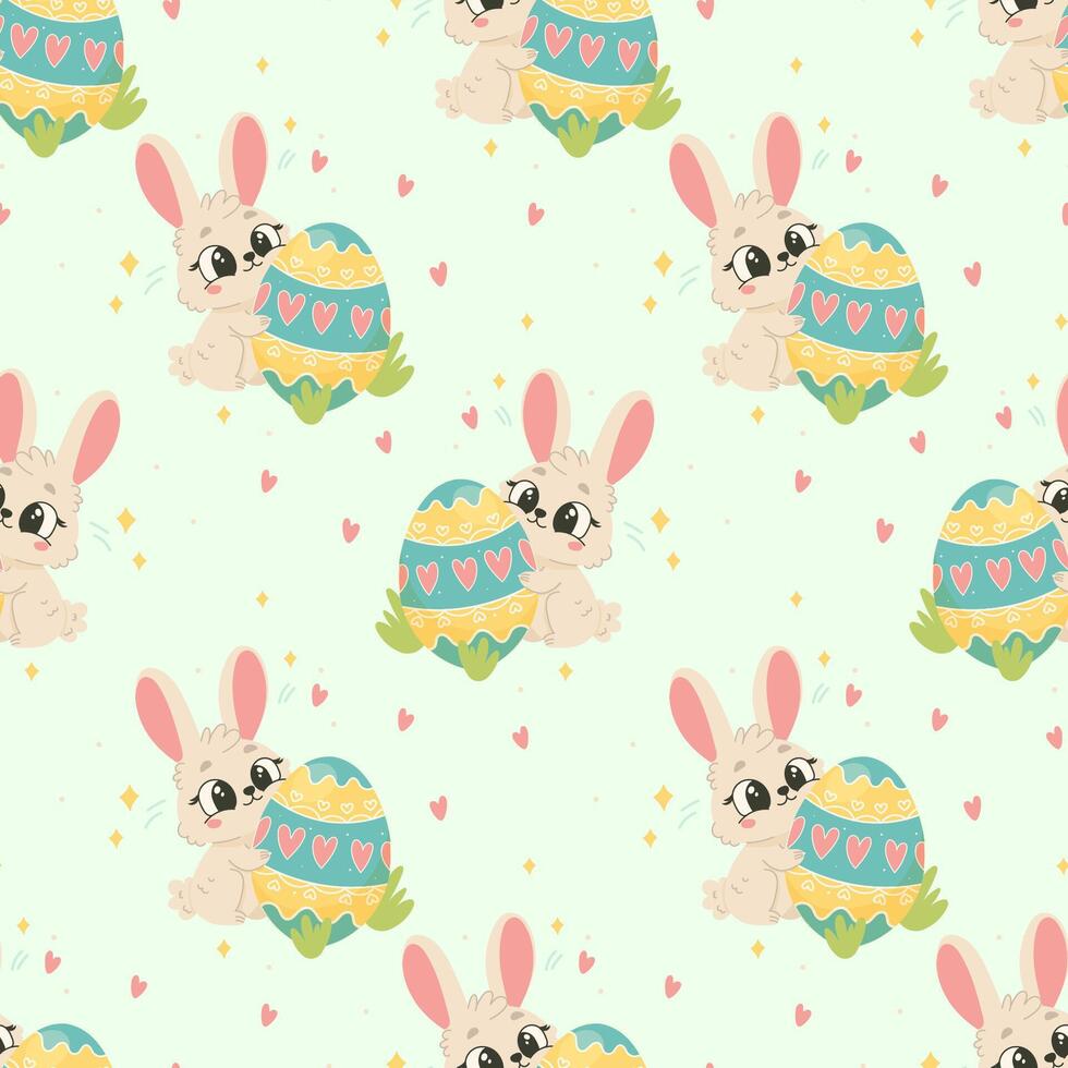 Seamless Easter Bunny Pattern, Cute Rabbits with Painted Eggs on Pastel Background vector
