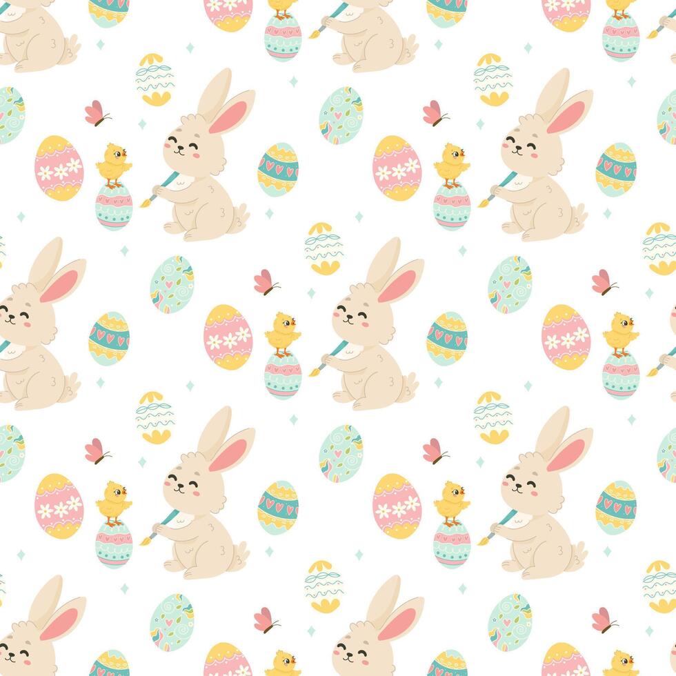 Bunny Painting Easter Eggs, Cute Seamless Pattern for Holiday Wrapping and Crafts vector
