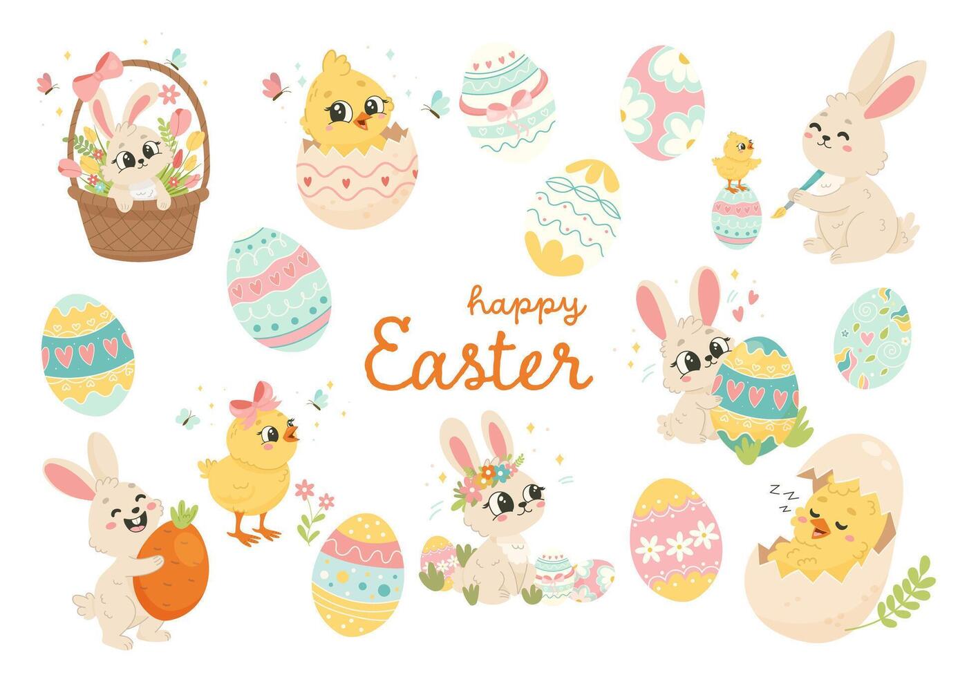 Happy Easter Clipart Set, Cute Bunnies Chicks and Decorative Eggs Illustration vector
