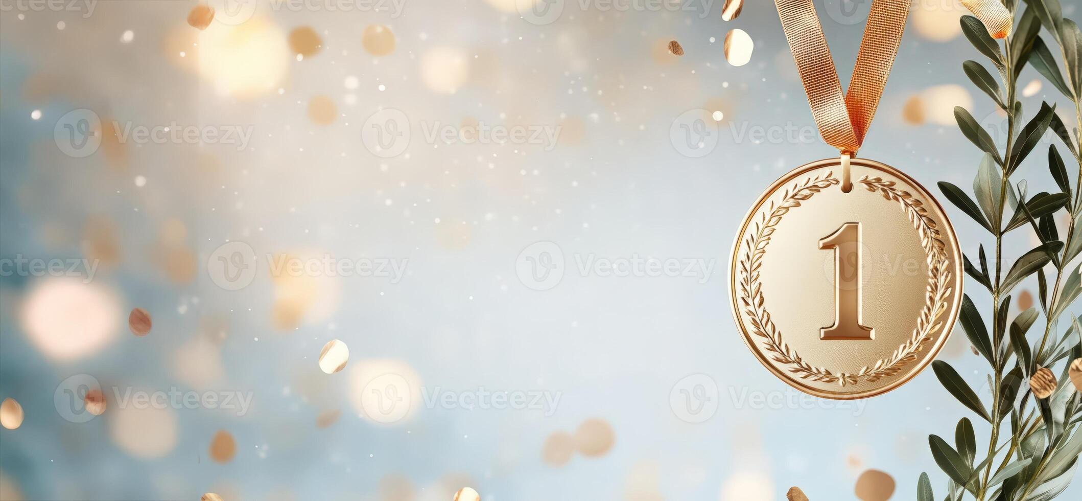 gold medal with one laurel for 1st place number wreath on festive background sport stadium with confetti, design trophy photo