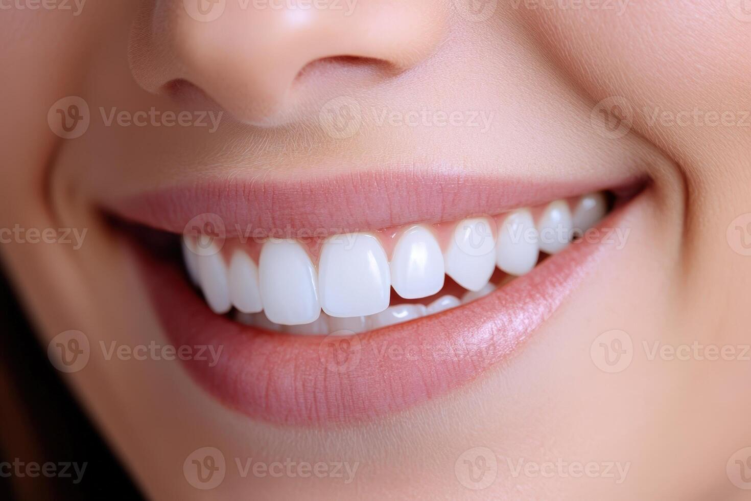 A look of a happy patient smiling confidently, showing perfectly white teeth, studio lighting, dental chair in close-up background, clean and professional the photo
