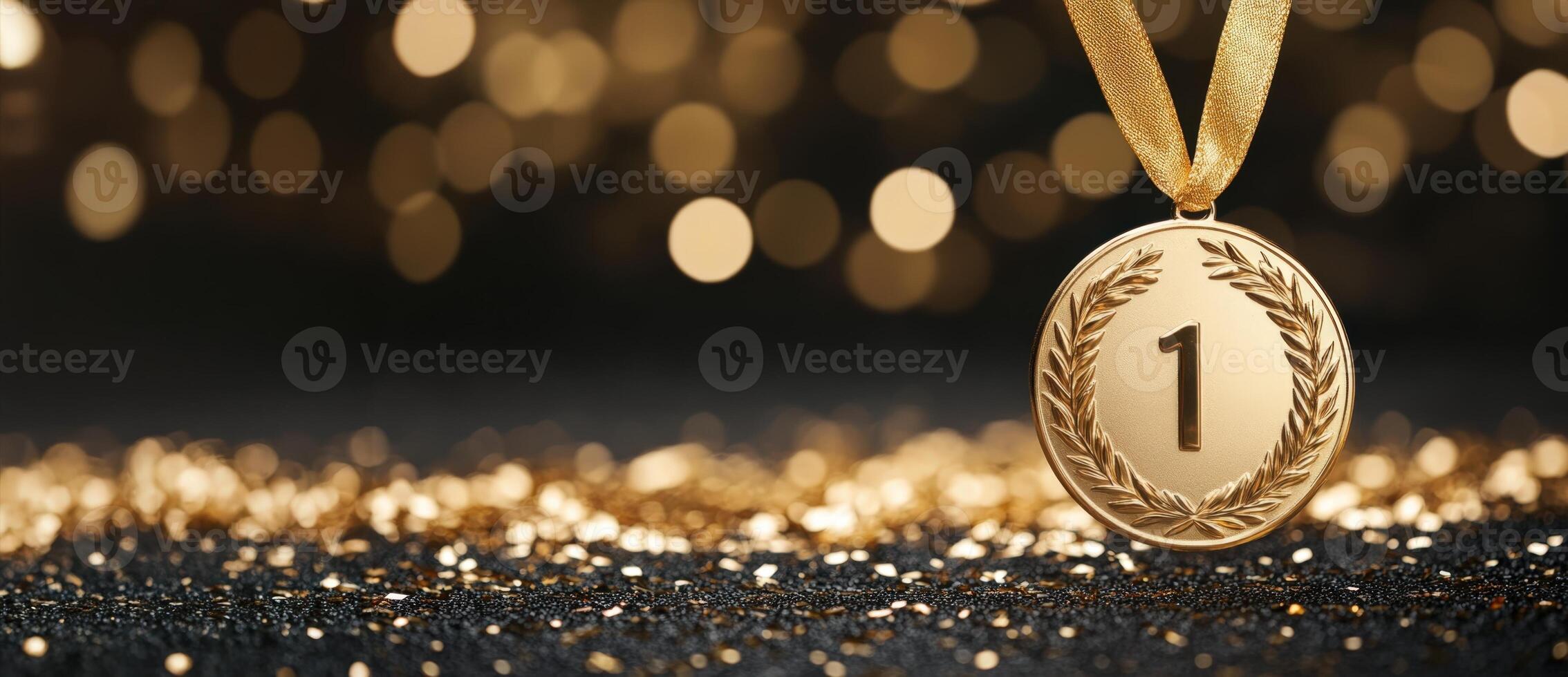 gold stadium with number one for 1st place laurel wreath on festive background sport medal with confetti, design trophy photo