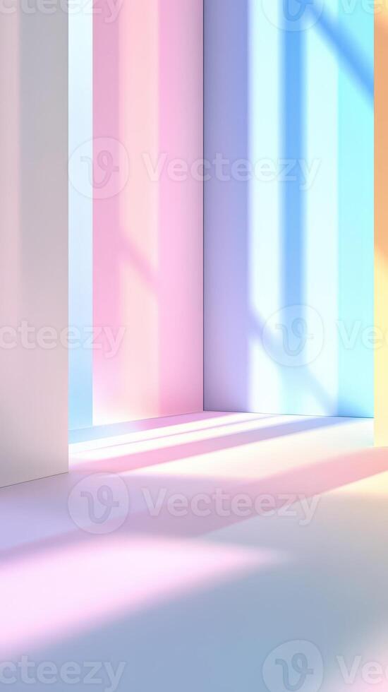 Pastel colors Geometric background dominate a surreal scene with a glowing prism rectangular casting light onto a reflective surface, creating a dreamlike atmosphere. Vertical format abstract photo