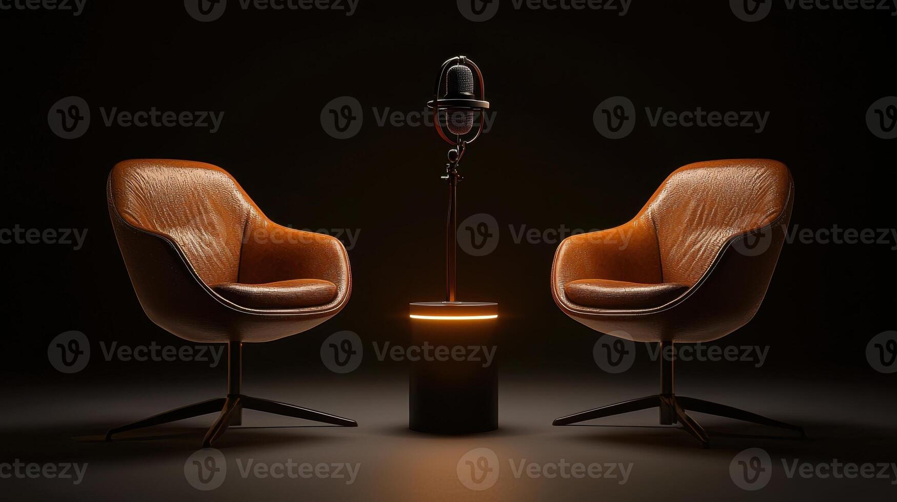 Modern podcast studio setup with microphone, two empty chairs, ready table, and circular neon light, small for recording photo