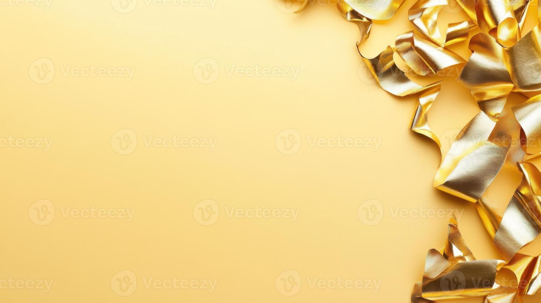 Golden ribbons curling across bright yellow surface, symbolizing holiday and festive celebration mood photo
