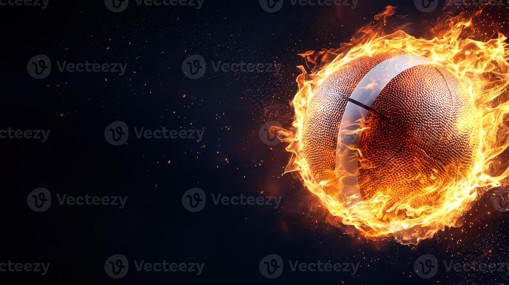 White volleyball ball burning in flames on a space sparkling black background, perfect for sport concepts copy blurred for text photo