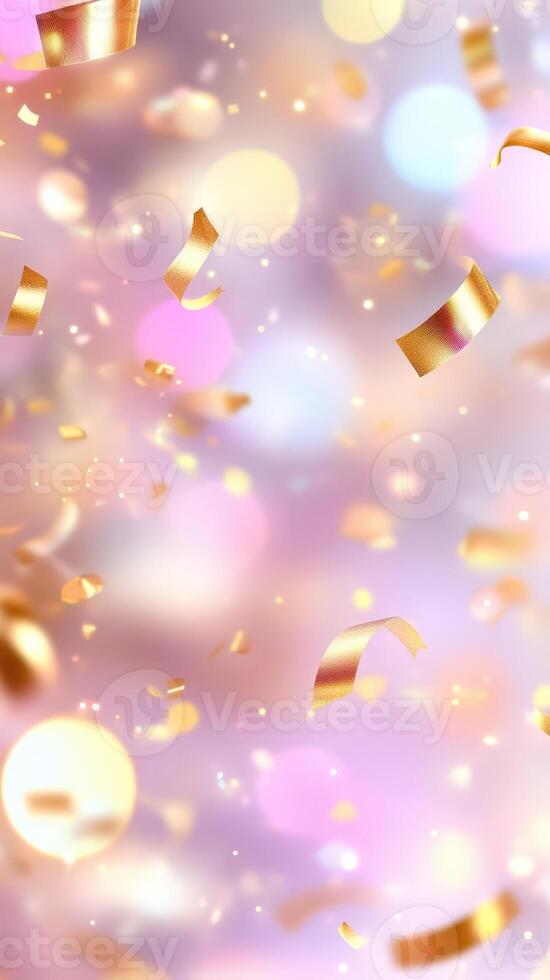 Golden confetti shimmering falling against a festive light blue background with a soft bokeh effect, creating a vibrant and celebratory atmosphere. Vertical format photo