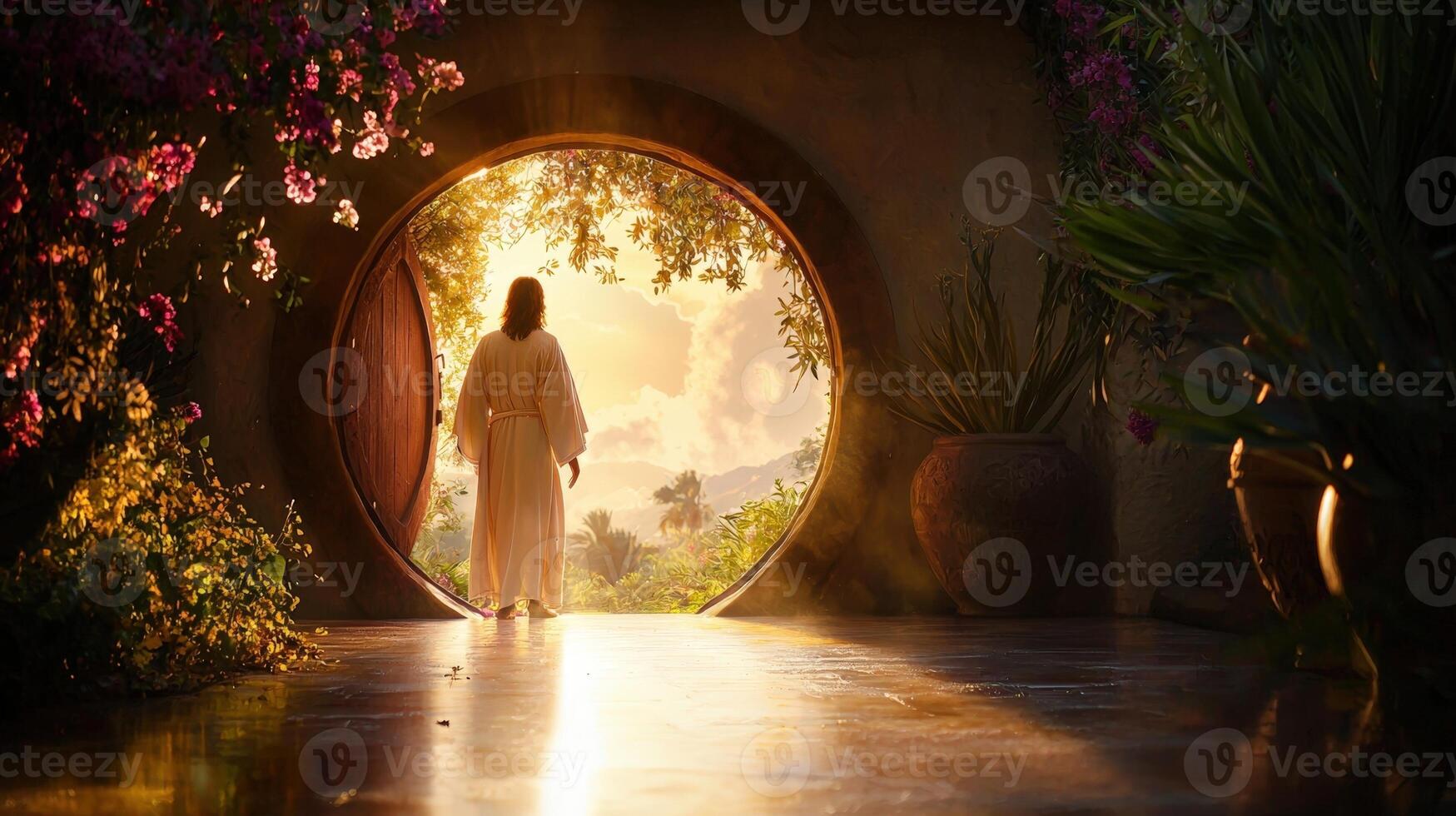 Happy Easter Jesus Christ is bright out of his tomb after the resurrection messiah, bathed in walking sunlight photo
