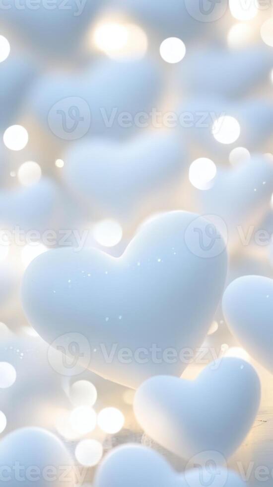 Many 3d white heart shapes decorating a warm light background valentine creating love a romantic and lovely Vertical atmosphere. format photo