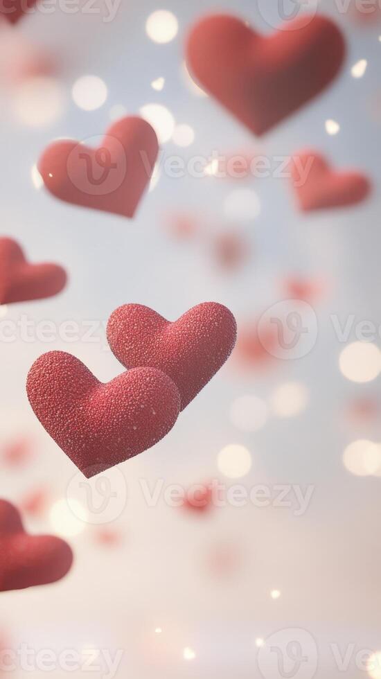 3d background, red hearts drifting valentine against pristine white Floating symbolizing romantic sentiment, perfect for love related design concepts. Vertical format photo