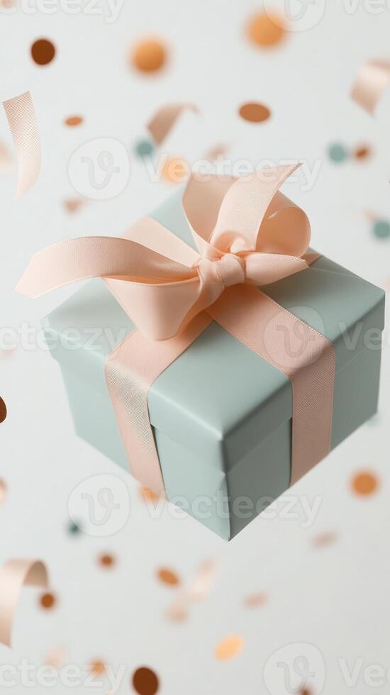 3d Pastel gift box suspended midair valentine around peach ribbon trailing, love, gravity swirling confetti celebrating festive moment. Vertical format background photo