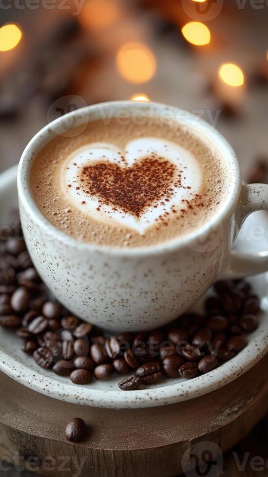 A cup of cozy coffee with latte art in the shape of a heart, Vertical love, coffee beans adorning ceramic saucer. valentine format photo