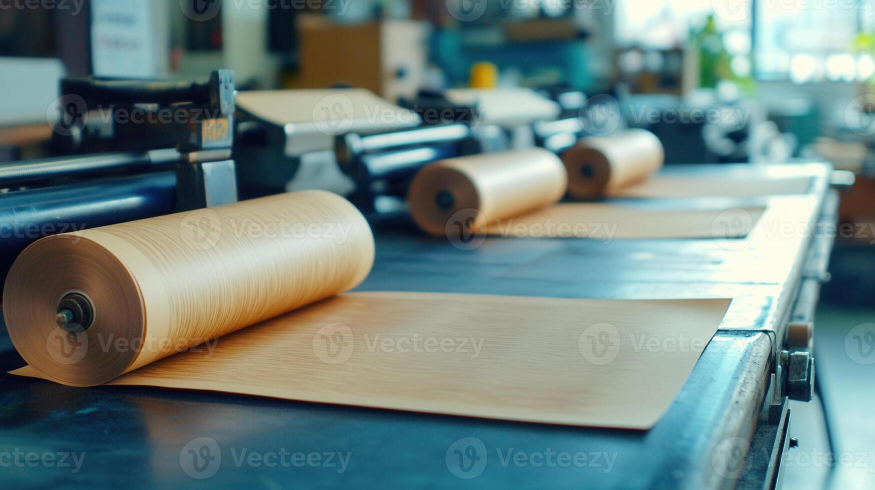 White rolls of material are moving along conveyor belt in a factory, ready for the next stage of production photo