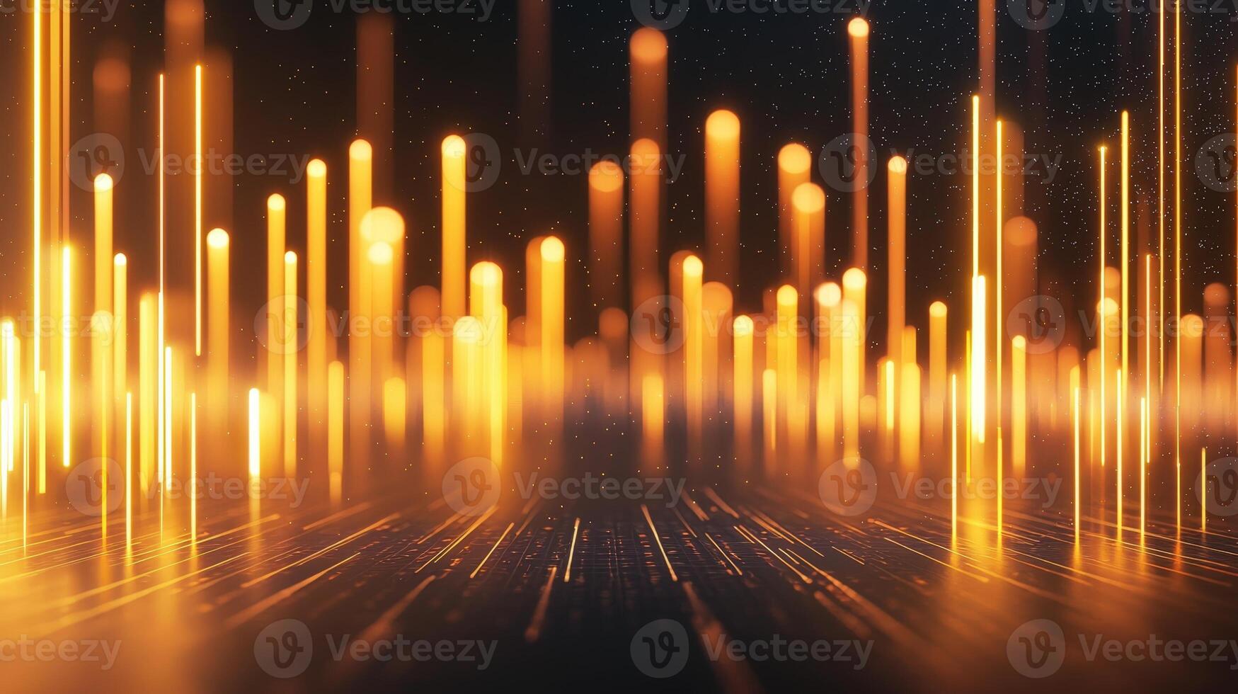 Glowing vertical neon lines emerging from yellow grid, representing progress with vibrant orange digital color palette Streaming power photo