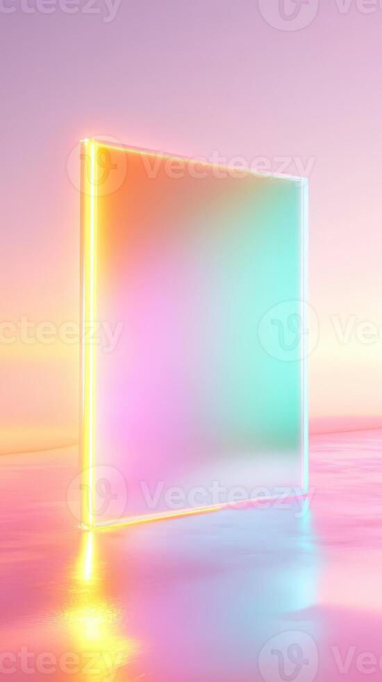 Vertical colors Geometric background dominate Pastel surreal scene with a glowing rectangular prism casting light onto a reflective surface, creating a dreamlike atmosphere. a format abstract photo