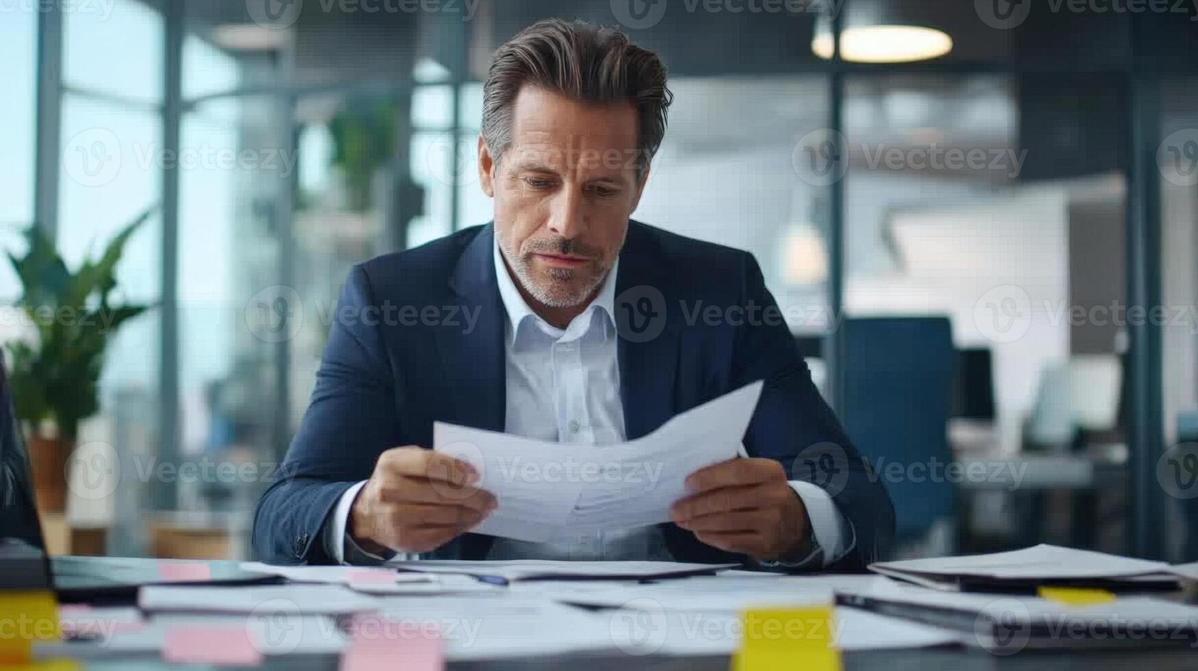 Overworked businessman suffering from headache while working with documents project sticky notes in office setting sense of preparation for an important meeting or and photo