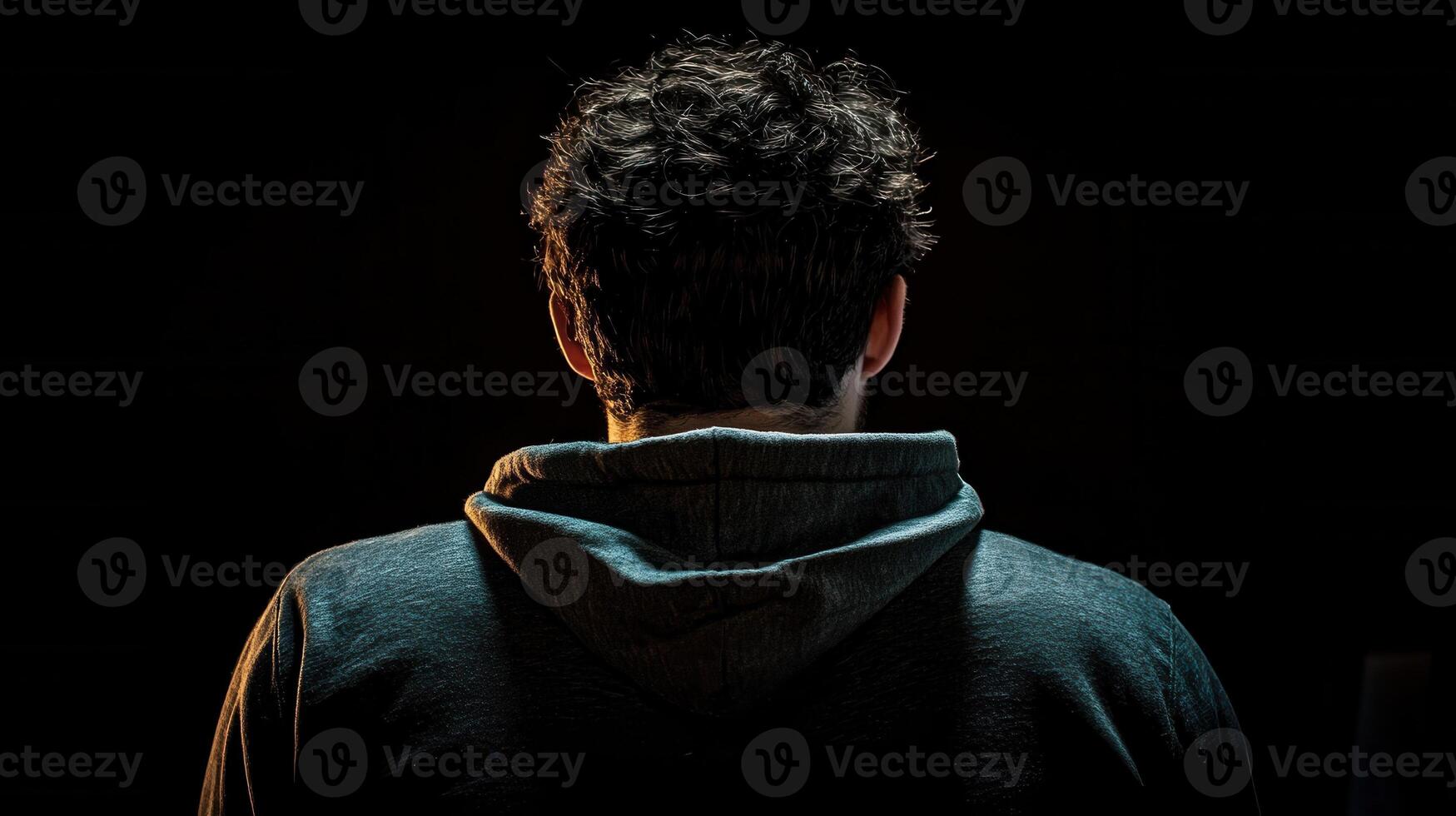 male lit room revealing anonymous Dark figure from back, hooded silhouette suggesting mysterious urban mood cyber risk photo