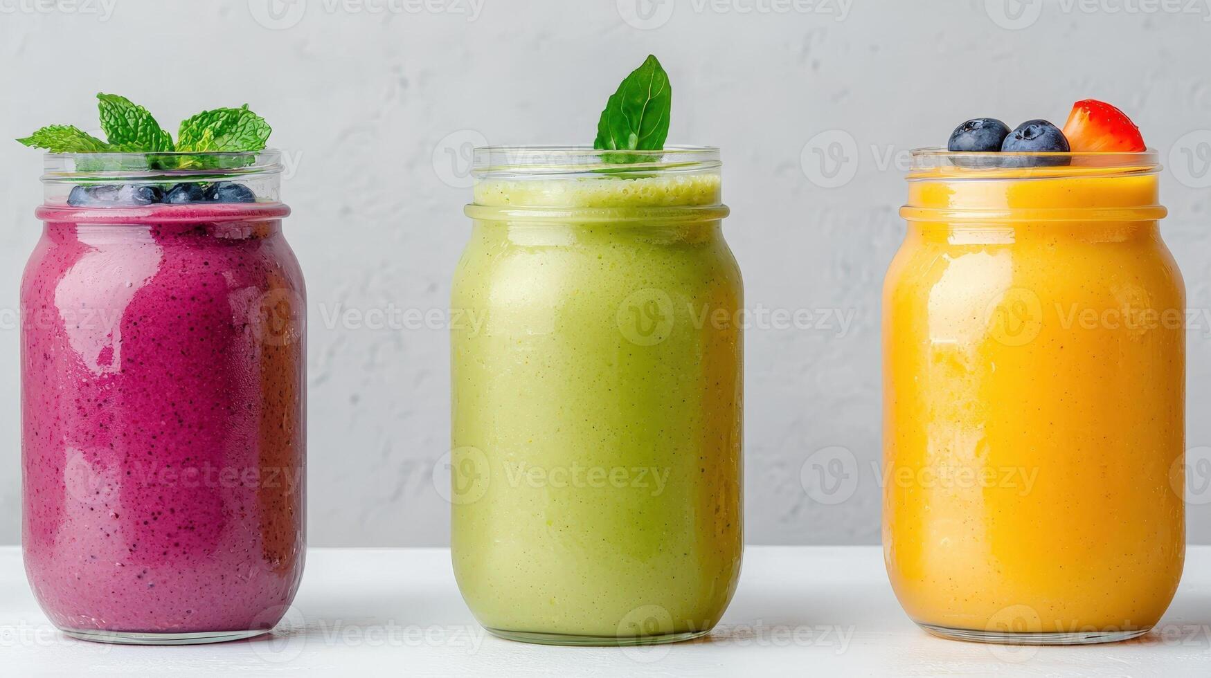 Glass jars holding colorful smoothies, topped with mint leaves, blueberries, fresh strawb erry slice, showcasing preparation beverage healthy for menu, recipe, and food blog photo