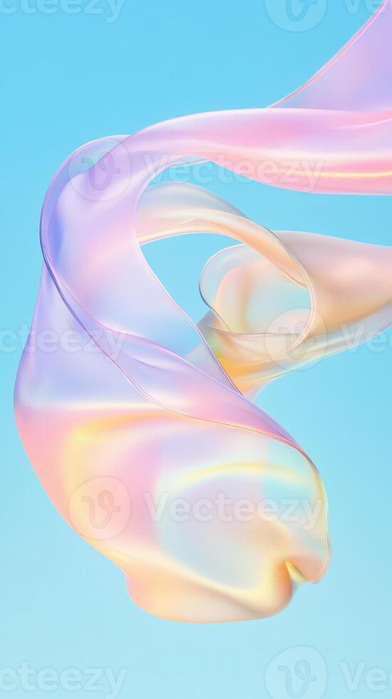 Holographic 3d pastel ribbon Abstract background gently twirling, dancing in with light blue space motion. fluid, ethereal soft Vertical format photo