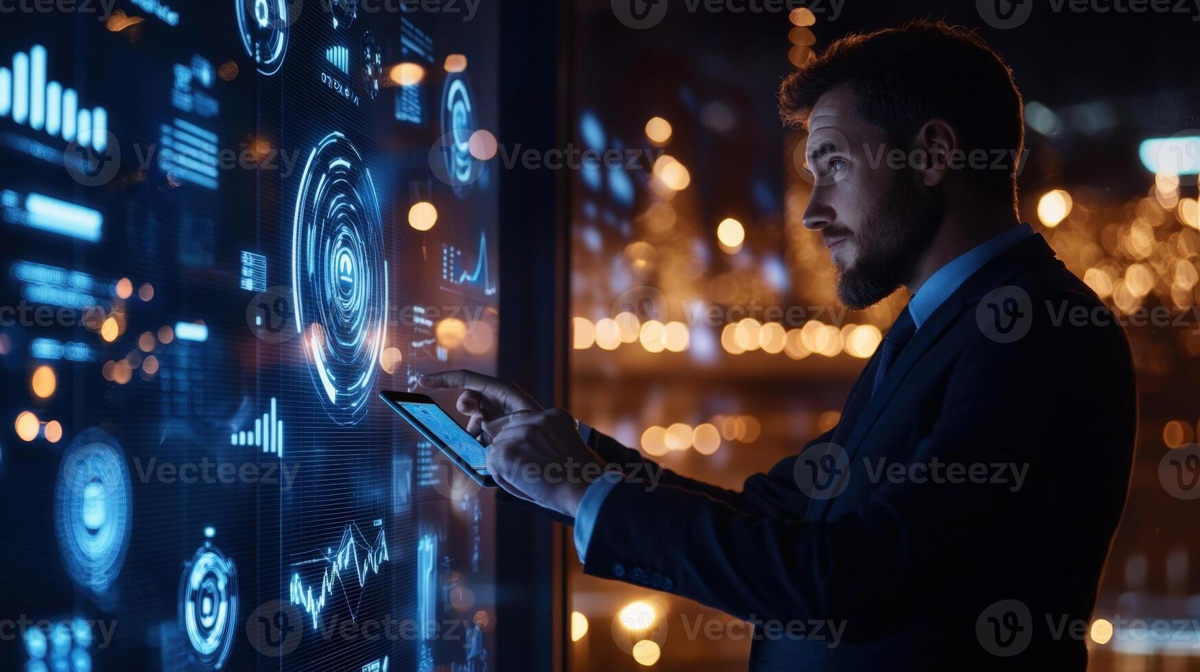 Professional businessman interacting with augmented reality holographic corporate controlling data flow interface, sleek nighttime in workspace photo