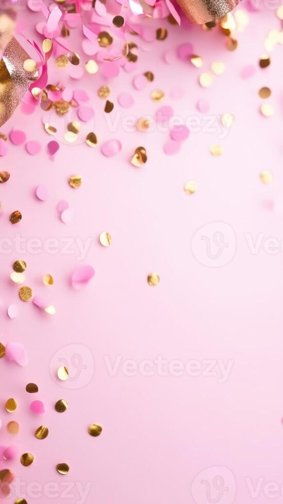 Sparkling pink and gold confetti sprinkled over pastel surface, radiating festive celebration with vibrant, shimmering background palette vignette color Copy space for text photo