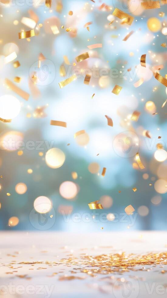 Golden confetti shimmering falling against a vibrant Vertical blue background with a soft bokeh effect, creating a festive and celebratory light atmosphere. format photo