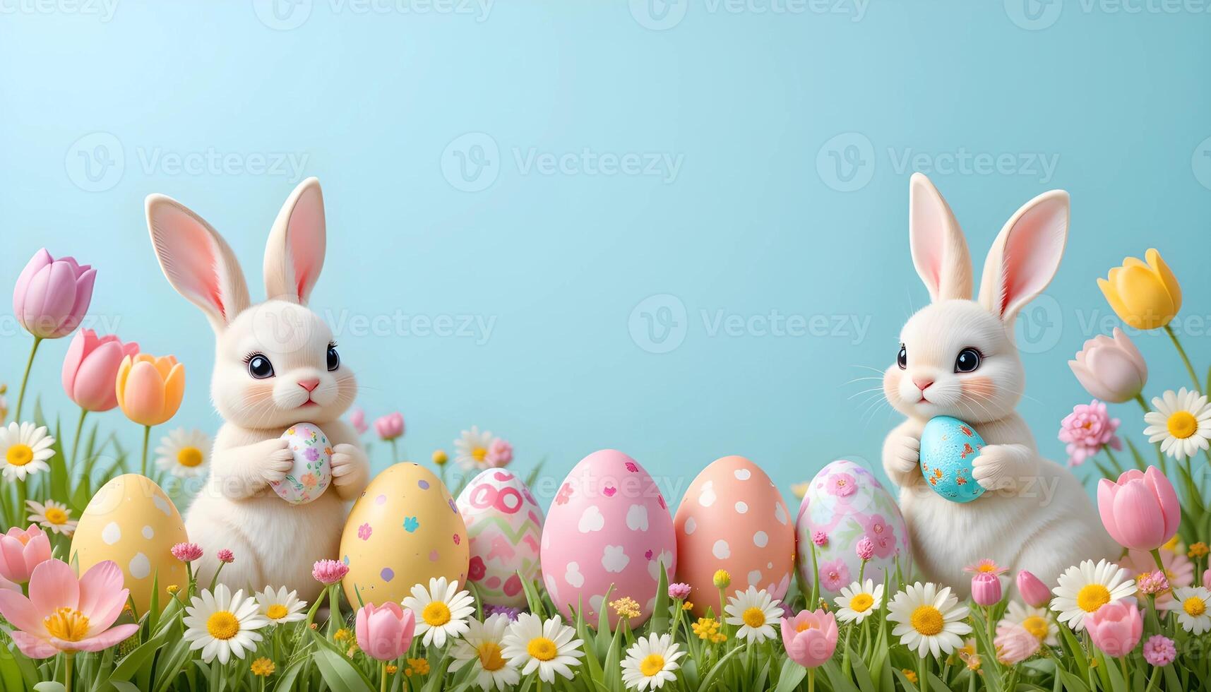 Cute rabbits and colorful eggs arranged for a festive spring celebration on a blue background photo