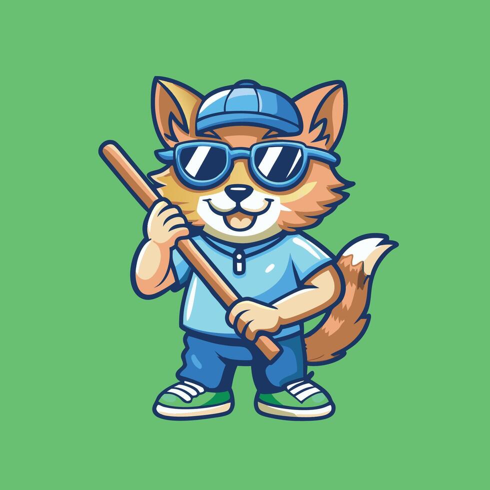 Amusing Mascoted Feline Grasping Stick vector