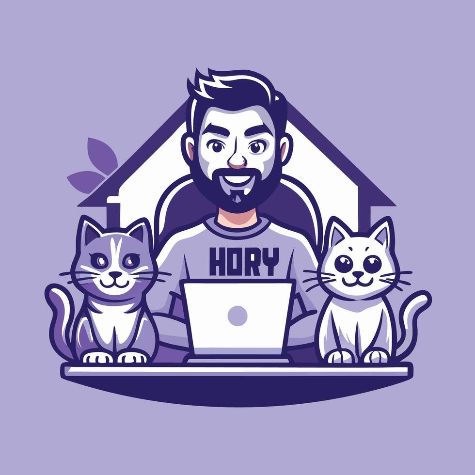 Man Working Comfortably at Home with Feline Companions A Logo Character vector