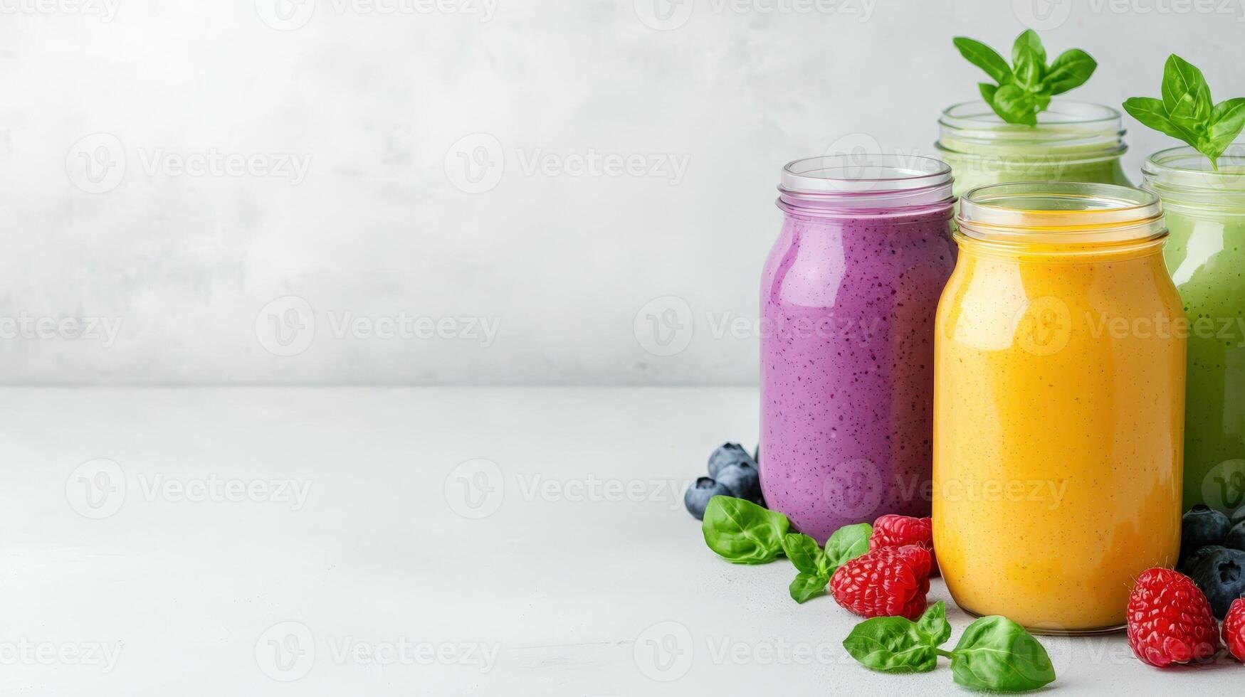 Glass jars holding colorful smoothies, topped with mint leaves, blueberries, fresh erry showcasing slice, strawb healthy beverage preparation for menu, recipe and food blog copy space photo