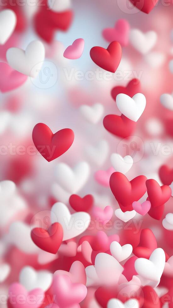 Romantic pink day background with many red, valentine's and white hearts floating photo